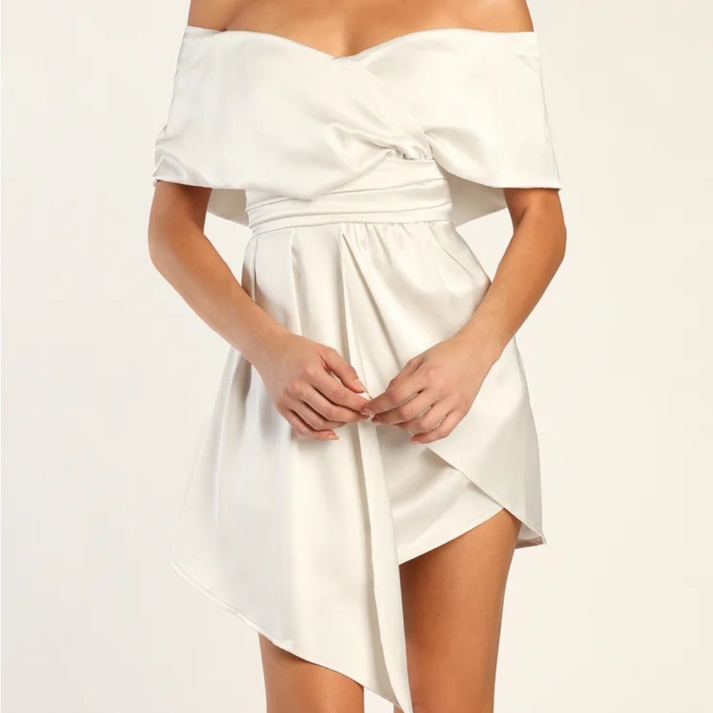 Lulus Always Celebrating Ivory Satin Off-the-Shoulder Mini Dress